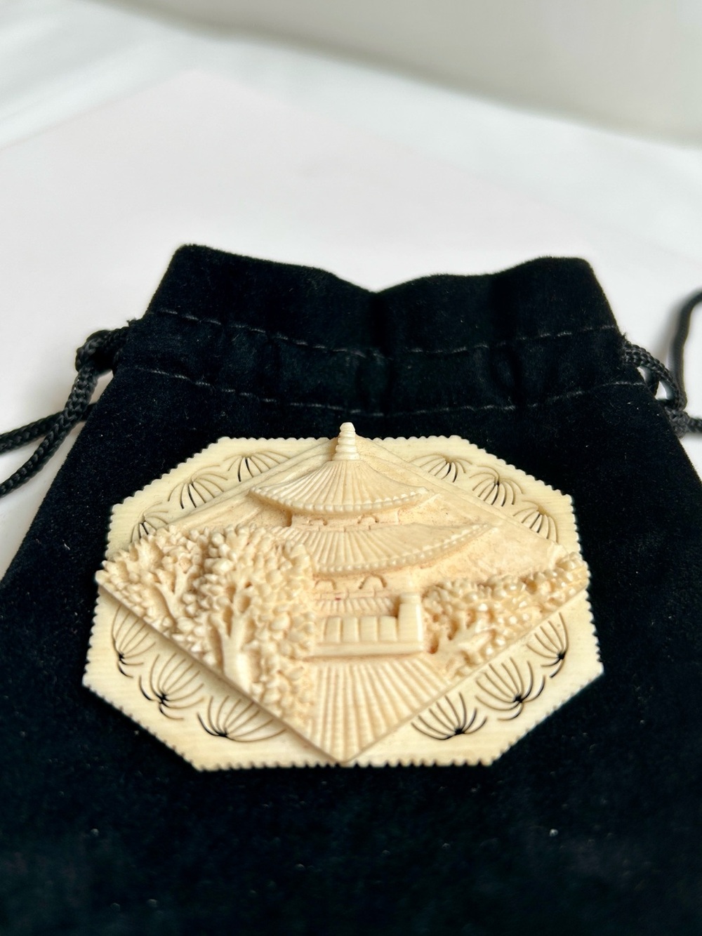 Delicate Temple Scene Ivory Color Brooch